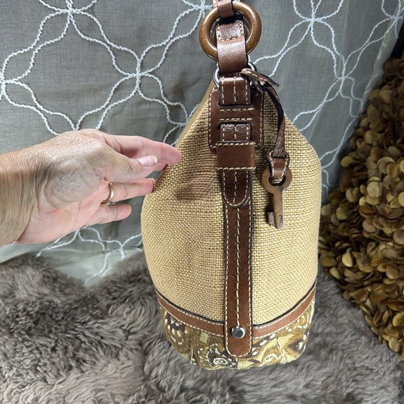 Vintage Fossil shoulder bag in caramel, fabric with leather details, florar - Picture 3 of 15